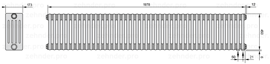 Схема (чертеж) Радиатор Zehnder Charleston 5045/43 №5510 Белый глянцевый RAL 9016